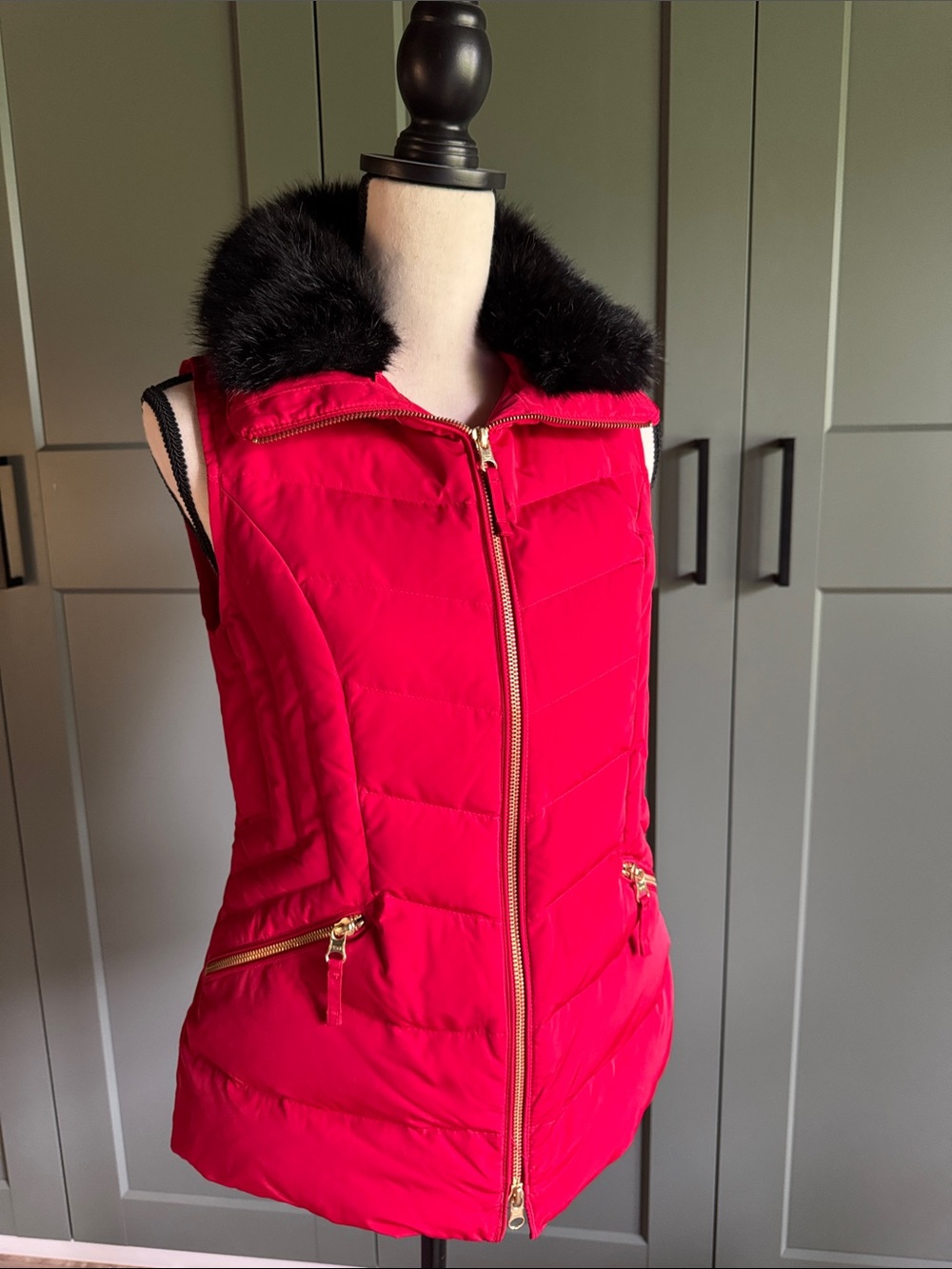 Talbots Red Quilted Vest with Black Faux Fur Collar